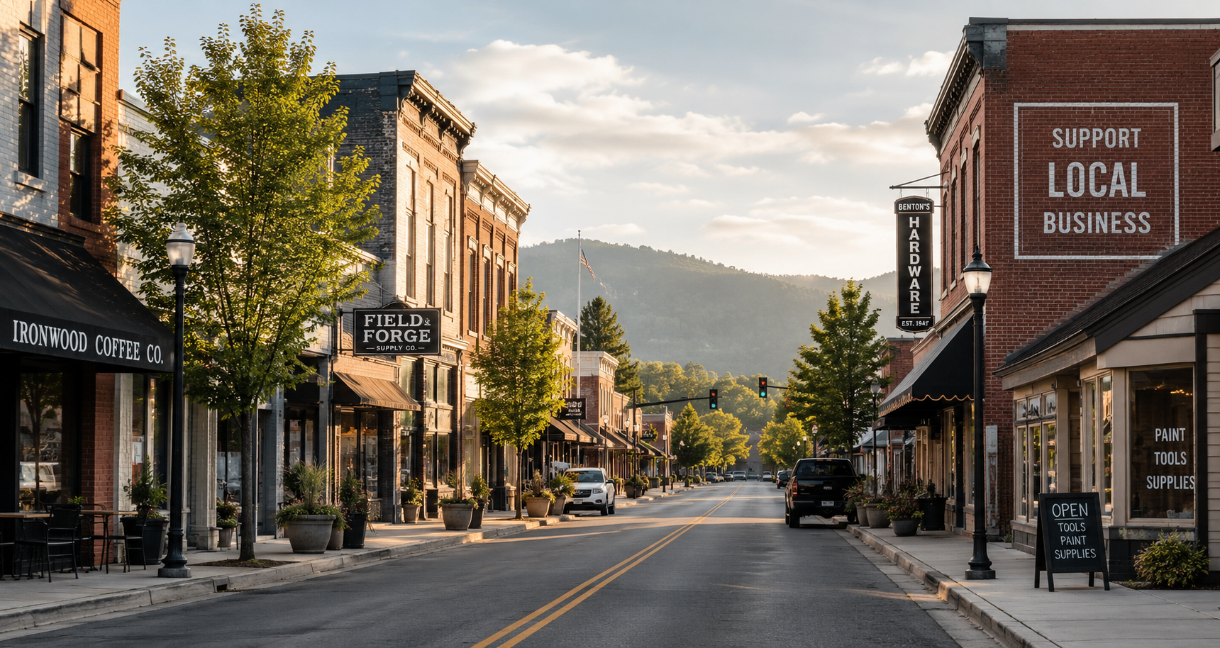 Local downtown storefronts at golden hour with a small service truck