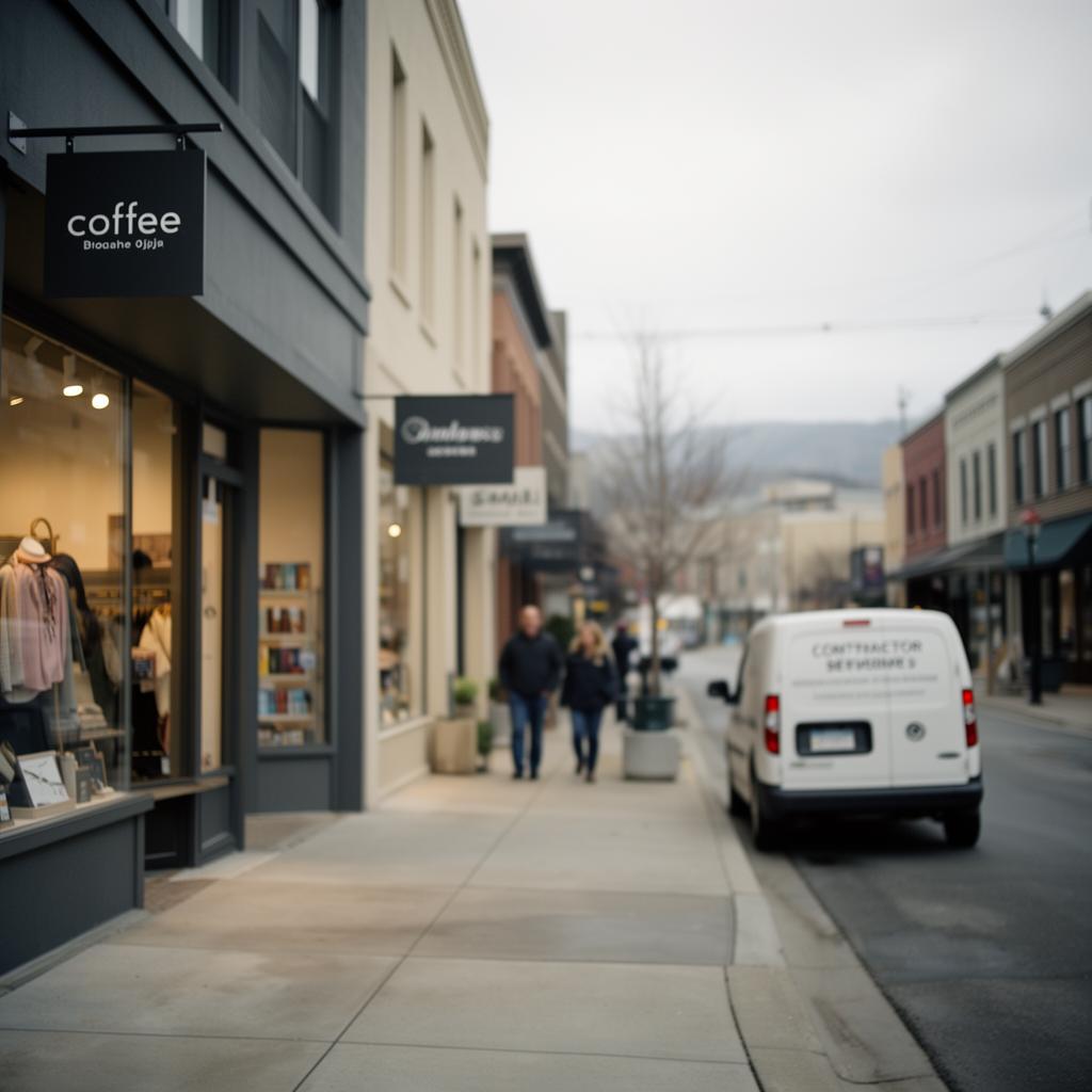 Local main street with storefronts and a small white service van